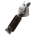 Uster type hand knotter with polished metal body and brown leather wrist strap
